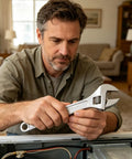 Man adjusting appliance with Heavy Duty 8 Inch Adjustable Wrench With Ergonomic Comfort Grip, Extra Wide Jaw, High Carbon Steel