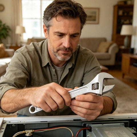 Man adjusting appliance with Heavy Duty 8 Inch Adjustable Wrench With Ergonomic Comfort Grip, Extra Wide Jaw, High Carbon Steel