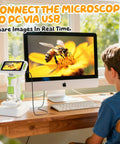 Kid Friendly 1600X Microscope With 4 Inch Digital Screen And 1080P Live View Slides Kit STEM Educational Science Toy For 3 To 14 Year Olds Perfect Christmas Or Birthday Gift For Curious Young Scientists connected to PC via USB, showing bee image on monitor