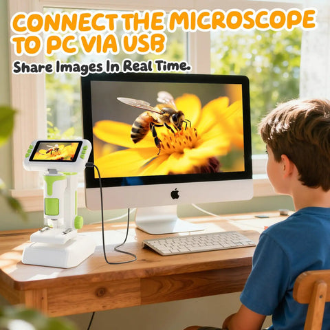Kid Friendly 1600X Microscope With 4 Inch Digital Screen And 1080P Live View Slides Kit STEM Educational Science Toy For 3 To 14 Year Olds Perfect Christmas Or Birthday Gift For Curious Young Scientists connected to PC via USB, showing bee image on monitor