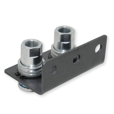 TL39B-2 dual hydraulic quick-connect couplers on steel mounting bracket, side view, 1/2 in NPT ISO 5675