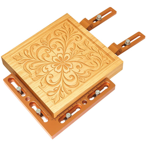 Aluminum Alloy CNC Positioning Side Clamps Kit For 3018 And 4040 Router holding engraved wood panel on T-slot table.