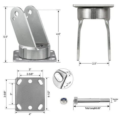 Ultra Tough Extra Thickened Galvanized Steel Six By Two Inch Caster Yoke 2500 Lbs Load Rating Swivel Fork Replacement dimensions and details