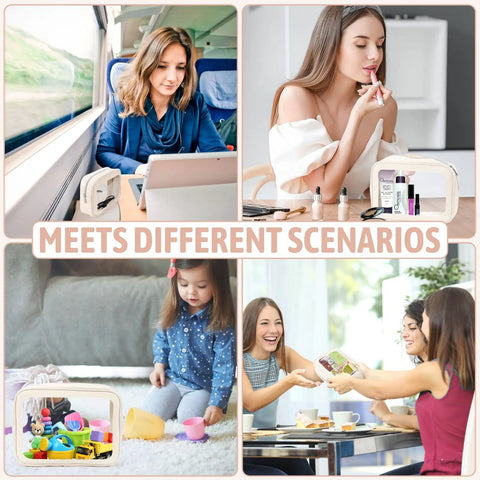 Collage showing mom with Five Piece Diaper Bag Organizer Set With Clear Waterproof Pouches in various everyday scenarios.