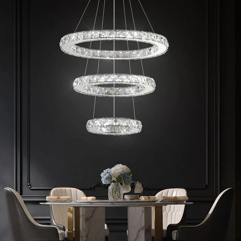 Three Ring Crystal Chandelier With Adjustable Stainless Steel Led Ceiling Fixture, K9 Crystals, 6000K Cool White Light For Living Room, Dining Room, Kitchen, Bedroom, Foyer, Modern, Built To Last, Bright