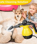 Girl using Heavy Duty Handheld Steam Cleaner 1050W to clean teddy bear, dog nearby, safe for kids and pets.