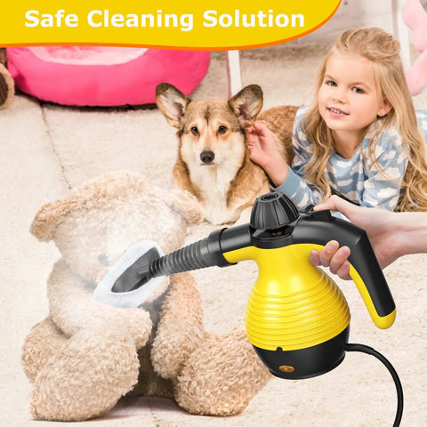 Girl using Heavy Duty Handheld Steam Cleaner 1050W to clean teddy bear, dog nearby, safe for kids and pets.