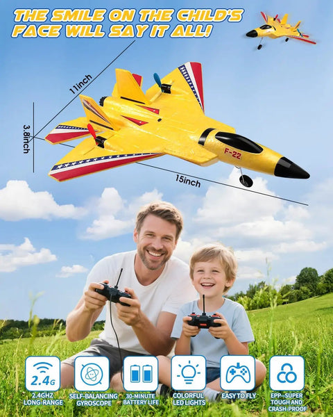 Father and son flying F22 RC Plane Jet For Beginners And Kids, Easy To Fly Foam Glider With Gyro Stabilization, Yellow.