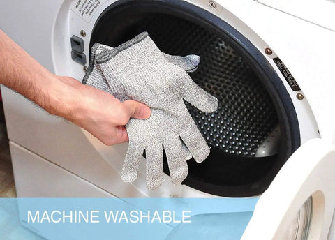 4 Pack Cut Resistant Gloves Level 5 Protection For Kitchen Prep And Food Handling being placed in washing machine