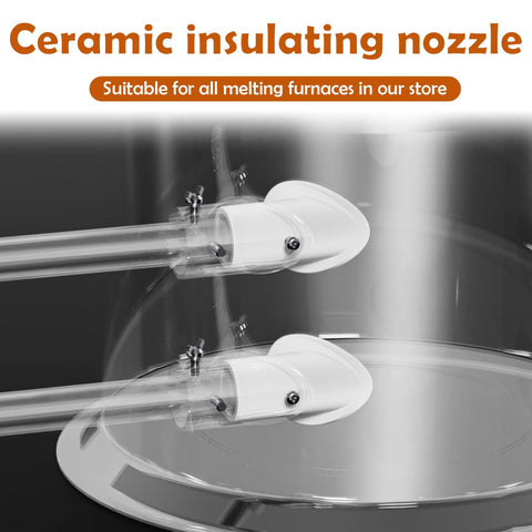 Ceramic insulating furnace nozzle, white ceramic, Amazon brand, two nozzles mounted on metal tube (front and side view)
