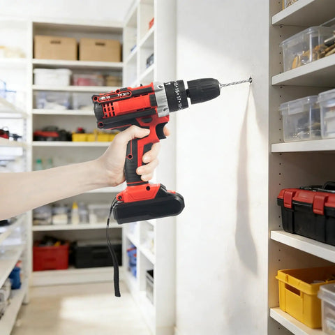 Heavy Hitter Cordless Drill Set With Variable Speed Gears And 25 Plus 3 Torque Settings delivering precision drilling into a wall.