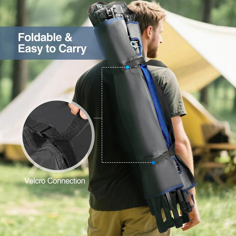 Person carrying Portable Folding Hammock With Stand Removable Pillow Storage Net Foldable Lounge Camping Bed on shoulder outdoors.
