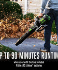 Person using Cordless Leaf Blower With Turbo Mode, 880 CFM At 200 MPH, Beast Power, Variable Speed Trigger, includes two 56V 4Ah batteries
