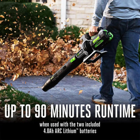 Person using Cordless Leaf Blower With Turbo Mode, 880 CFM At 200 MPH, Beast Power, Variable Speed Trigger, includes two 56V 4Ah batteries
