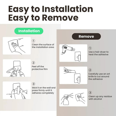 Installation and removal guide for Six Pack Large Stainless Steel Wall Hooks Heavy Duty Adhesive Mount.