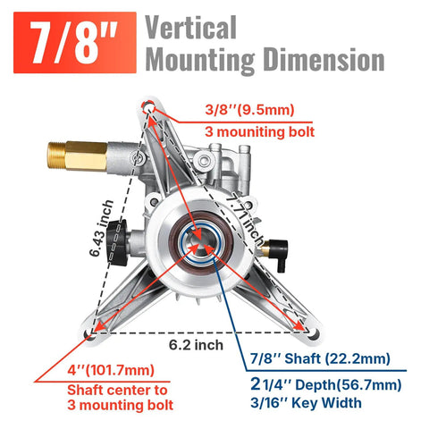 Seven Eighths Inch Shaft Vertical Pressure Washer Pump 3000 PSI At 2.5 GPM Replacement diagram with dimensions and mounting details