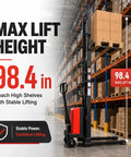 Heavy Duty 3500 Lbs Semi Electric Pallet Stacker With 98 Inch Lift Height in warehouse, showcasing max lift height of 98.4 inches.