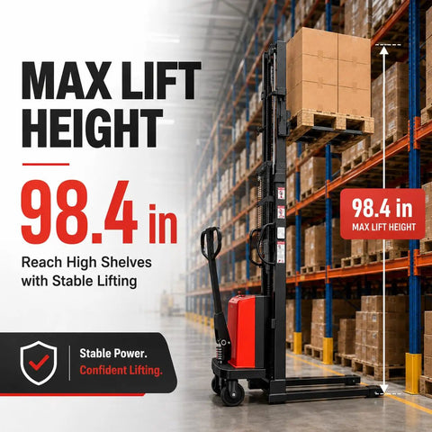 Heavy Duty 3500 Lbs Semi Electric Pallet Stacker With 98 Inch Lift Height in warehouse, showcasing max lift height of 98.4 inches.