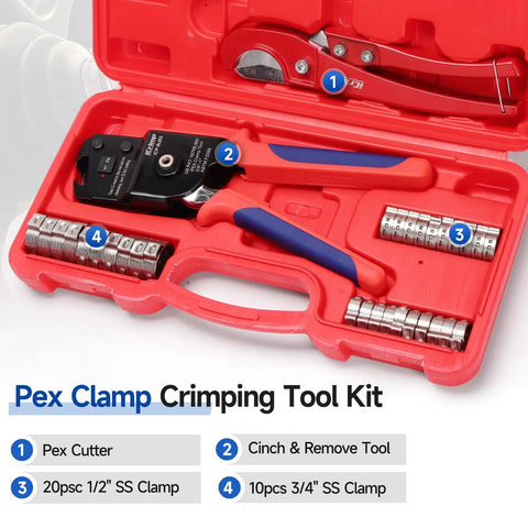 All-In-One PEX Cinch Tool Kit With Remover No-Fuss One-Hand Crimping Tool For 3/8 To 1 Inch Clamps in red case