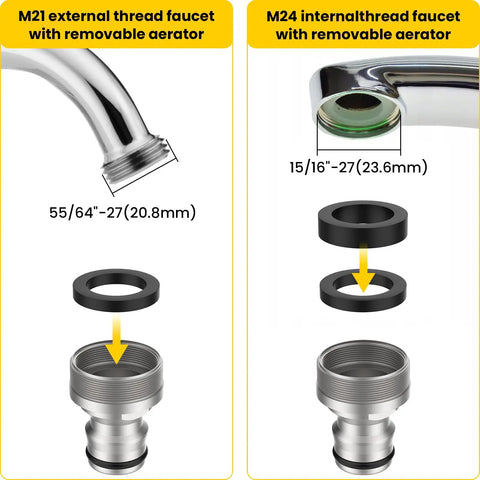 Quick Connect Sink Faucet Adapter For Shower And Garden Hose Chrome Brass Connector Kit showing M21 and M24 thread fittings