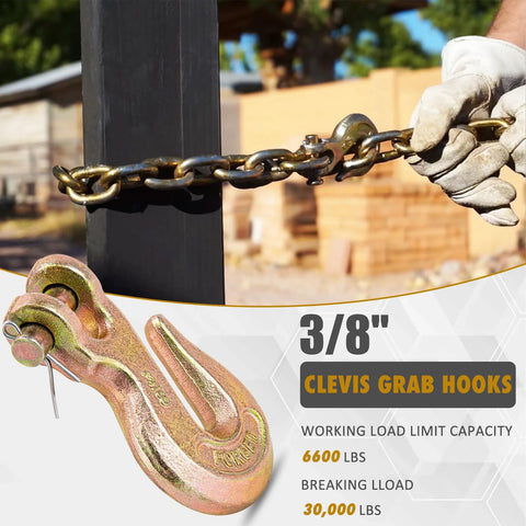 Three Eighths Inch Heavy Duty Chain Hook 6600 Lbs G70 Clevis Grab Hook for Trailer and Truck Tow Chains, yellow chromate finish.