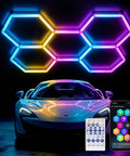 Lit Hexagon RGB LED Light Panels Kit With Music Sync App And Remote Control 5 Hex Panels for Garage, shown with phone and remote