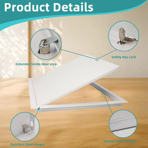 Product details of Heavy Duty 14X24 Metal Access Panel For Drywall Ceilings And Walls Rust Resistant Aluminum Frame, featuring safety key lock and door stop.