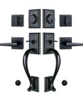 Oil rubbed bronze door handle set with keyed and dummy handles, decorative grips, and adjustable backset for standard doors.