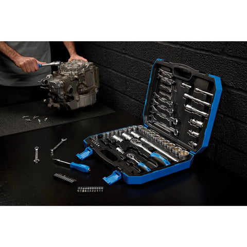 Six Point Socket Set With One Quarter Inch, Three Eighths Inch And One Half Inch Square Drive Metric Tool Kit in blue case open