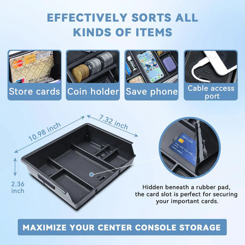 Center Console Organizer Tray For Full Console With Bucket Seats Fits 2014 2018 Chevy Silverado GMC Sierra 1500 And 2015 2019 Silverado Sierra 2500HD 3500HD Storage Compartment For Your Truck, shown with card and coin slots.