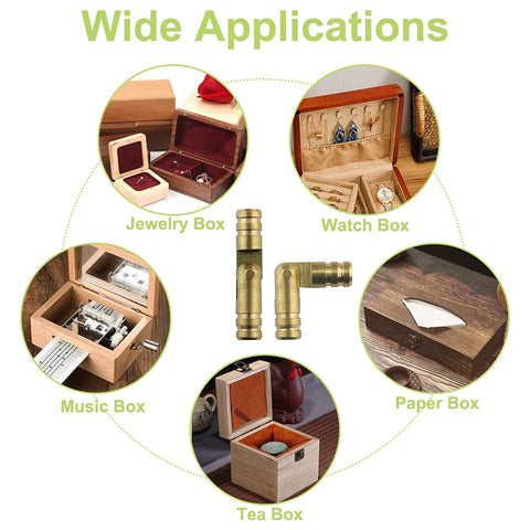 Diagram showing wide applications of Brass Invisible Barrel Hinges For Jewelry Boxes And DIY Projects 20 Pieces M5 X 25mm Concealed Cylindrical Hinges Durable Solid Brass For Easy Install And Clean Look with examples of jewelry, watch, music, paper, and tea boxes.