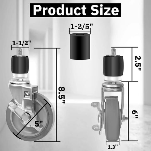 Top Notch Prep Table Casters 6 Inch Rising Expanding Stem Swivel Wheels Set Of 4 dimensions including wheel height and stem size.