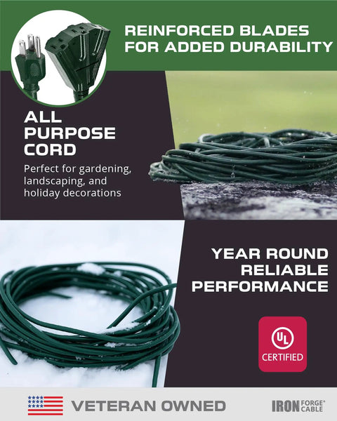 100ft Green Outdoor Extension Cord With 3 Outlets 3 Prong, 16/3 SJTW All Weather Heavy Duty Power Cable on display with UL logo