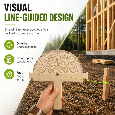 Premium Birch Wood Angle Finder Protractor With String Alignment showing visual angle setup at a construction site.