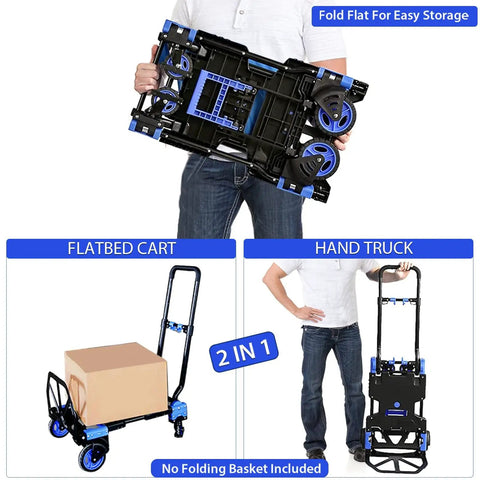 Heavy Duty Folding Hand Truck Dolly With 330Lbs Capacity, Convertible Between 2-Wheel Upright And 4-Wheel Platform Cart, Retractable Handle, Durable Wheels For Easy Moving Of Boxes, Luggage, Groceries, And More folded flat and upright