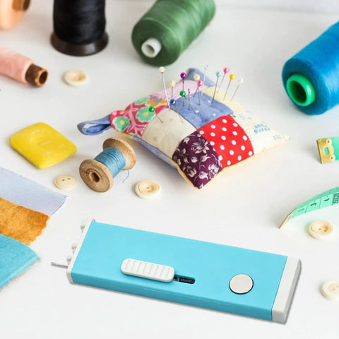 Automatic Needle Threader With Seam Unpicker For Home Sewing Machines Easy Threading Tool For Beginners And Novices No-Fuss Quick Threading Smooth Sewing Sessions Makes Needle Changes Fast And Simple on a blue plastic body