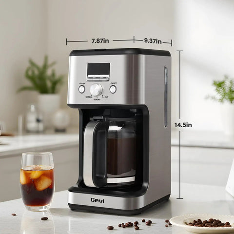14-Cup Programmable Drip Coffee Maker With Normal And Strong Brew For Home Or Office, Glass Carafe, Silver on kitchen counter