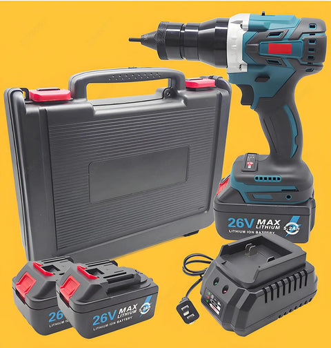 Top Tier Cordless Rivet Gun With Dual 26V Lithium Batteries And Seven Swap Out Tips featuring charging station, two batteries, and tool case.
