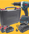 Slick Cordless Rivet Gun With Dual 26V Batteries And Seven Quick Swap Tips, compact handheld tool with batteries and charger.