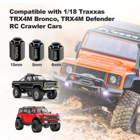 Brass Hex Extension For 1/18 RC Crawler TRX4M Upgrades Wheel Hex Hubs shown with Traxxas TRX4M Bronco and Defender models