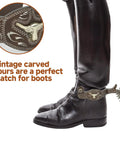 Western Cowboy Spurs For Men And Women Vintage Bronze Look Low Carbon Steel with hand-carved details on black boots