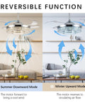 42 Inch Retractable Ceiling Fan With Bright Lights in summer and winter modes illustrating airflow directions.