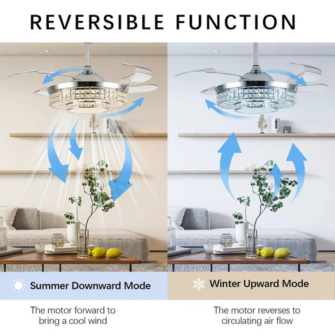 42 Inch Retractable Ceiling Fan With Bright Lights in summer and winter modes illustrating airflow directions.