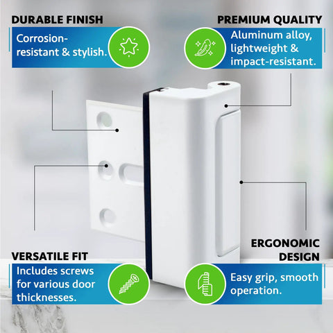 Close-up of ergonomic white aluminum latch from 2 Pack Aluminum Front Door Locks For Security And Family Safety Built Tough Easy Install Child Proof Door Latch That Withstands 800 Lbs Of Force Tamper Proof Top Lock For Home, highlighting durability and versatile fit features.