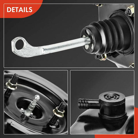 Close-up of Heavy Duty Vacuum Brake Booster Compatible With Ford Bronco F100 F150 F250 1979 with shaft and fittings.