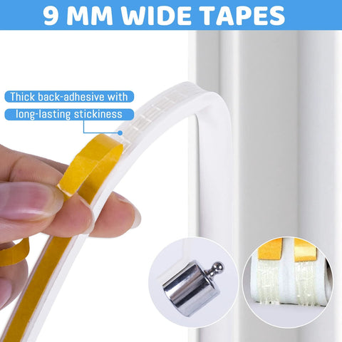 Close-up of white self-adhesive door/window weather stripping tape being peeled from yellow backing.