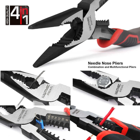 9 Inch Needle Nose Pliers With High Leverage Heavy Duty 4 In 1 Multifunction Long Nose Pliers Wire Cutter Stripper Terminal Crimping Bi Material Soft Grips