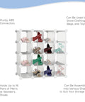 16 Cube Organizer Shelves With Interlocking System Dope Storage Solution filled with shoes, white ABS connectors, customizable cubby storage