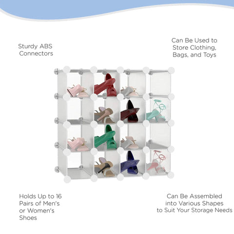 16 Cube Organizer Shelves With Interlocking System Dope Storage Solution filled with shoes, white ABS connectors, customizable cubby storage