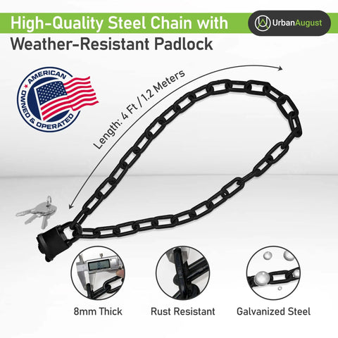 Hardened 8mm Security Chain With Weather Resistant Pad Lock for gate, bike, generator, stainless steel, galvanized steel